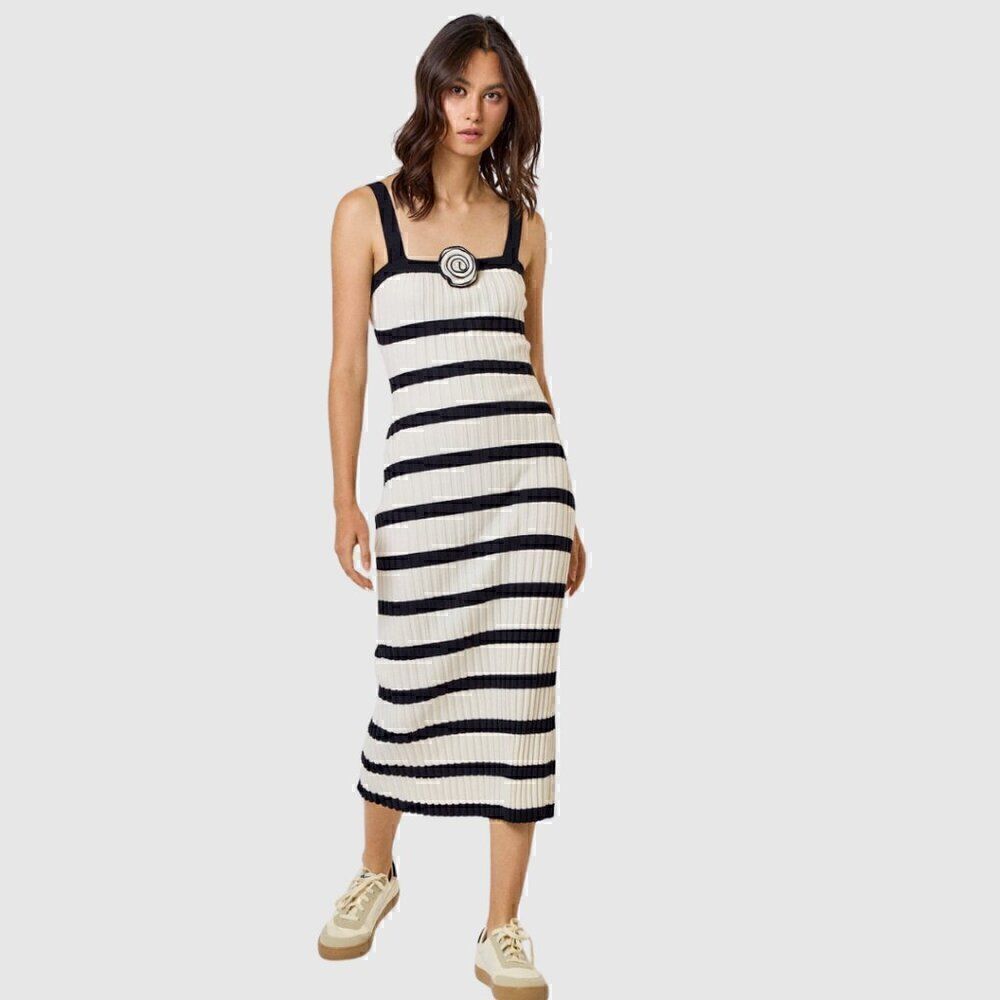 Striped Midi Rosette Black and White Dress - Picture 1 of 4